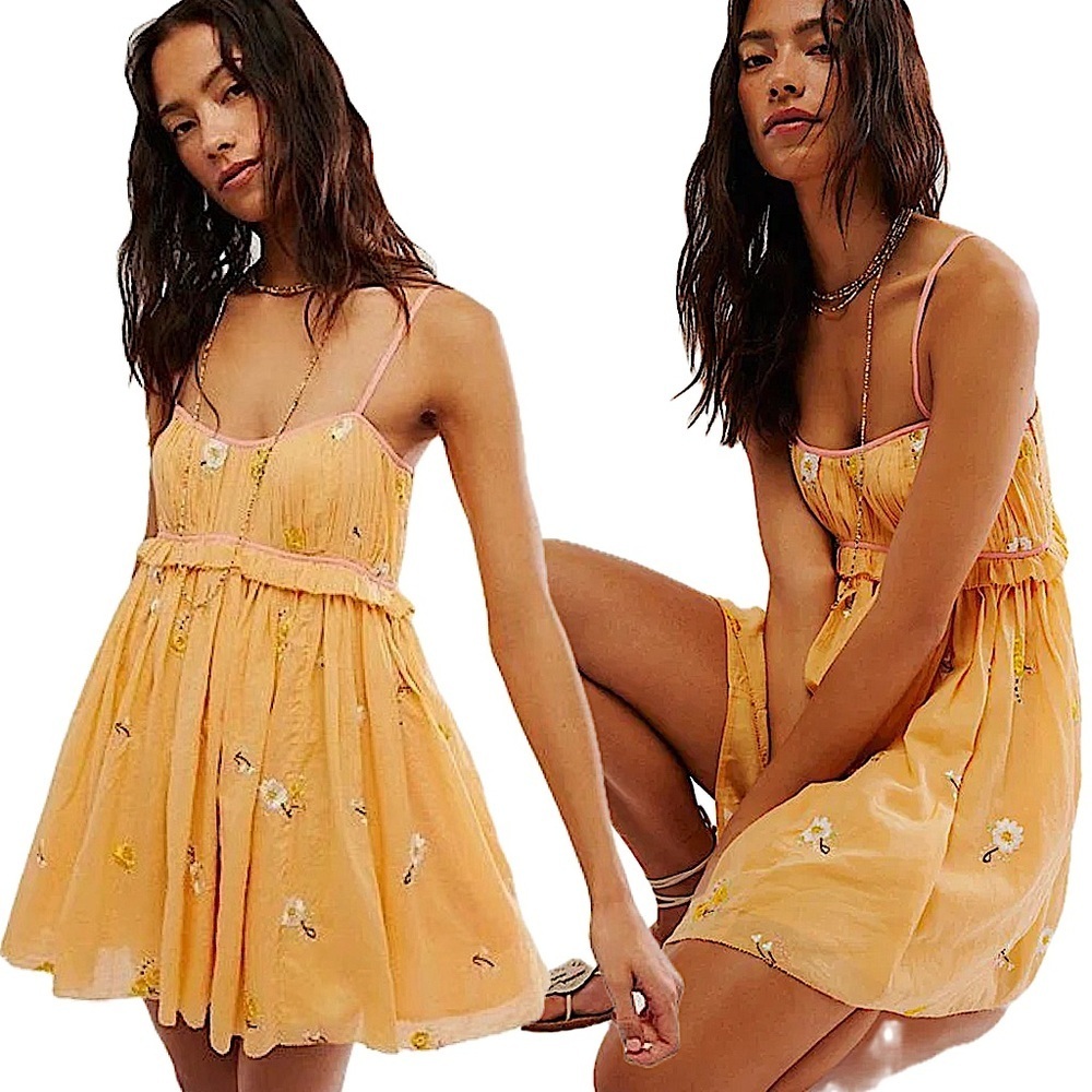 Free People Alana Babydoll Floral Apricot Peach Mini Strappy Sundress Dress